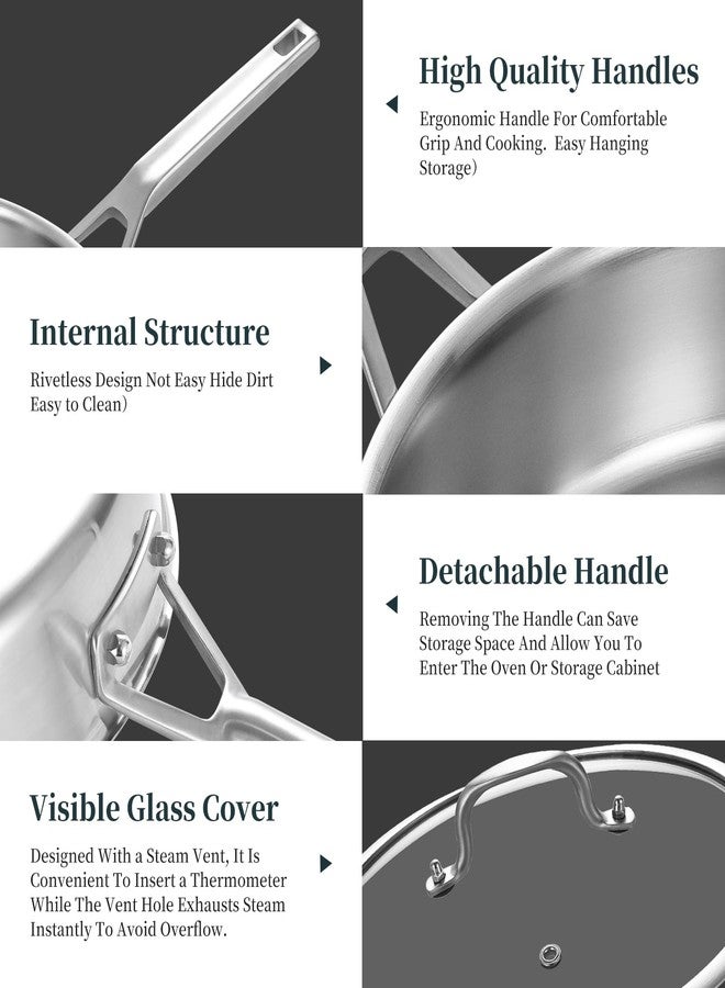 YEKSUM Stainless Steel Saute Pan, Tri-Ply Saute Pan 5QT, 12 Inch Deep Frying Pan with lids, Compatible with All Cooktops Up to 650℉, 3-layer Large Skillet with Stay Cool Handle, Induction Pan, Durable - Image 3