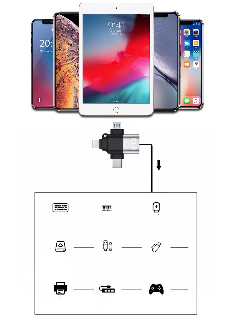 محول OTG 3 في 1، متوافق مع USB إلى Type-C، Micro USB، Lighting للهواتف التي تعمل بنظام Android/IOS، ومحركات الأقراص المحمولة، وأجهزة الكمبيوتر المحمولة، والأجهزة اللوحية