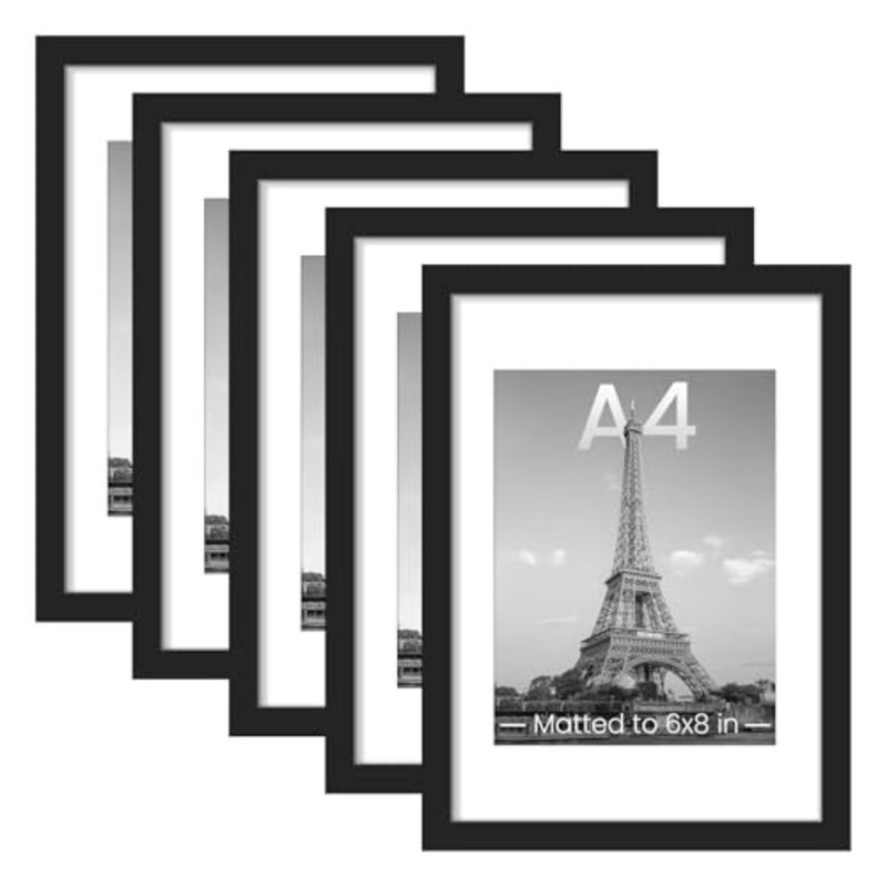 إطارات صور A4 مقاس 21 × 29.7 سم، مجموعة من 5، صور عرض، 15.2 × 20.3 سم مع حصيرة أو 21.3 × 20.3 سم بدون حصيرة، معرض حائط، إطارات ملصقات، أسود - Image 1