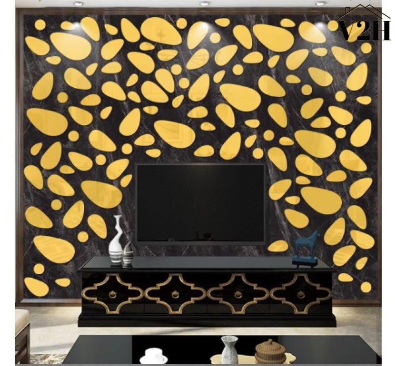 V2H 20Pcs Irregular Geometric Cobblestone Pattern Mirror Wall Sticker Self-Adhesive Detachable Colored Acrylic Mirror Wall Decals for Home Living Room Bedroom Decor,Yellow - Image 5