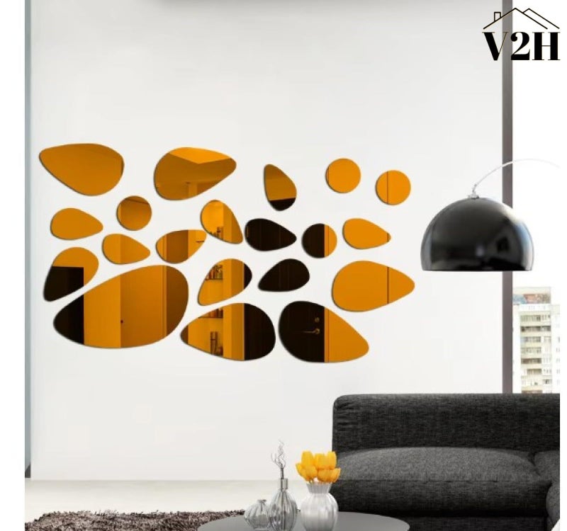 V2H 20Pcs Irregular Geometric Cobblestone Pattern Mirror Wall Sticker Self-Adhesive Detachable Colored Acrylic Mirror Wall Decals for Home Living Room Bedroom Decor,Yellow - Image 3