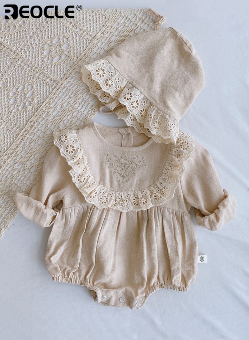 REOCLE Baby's Lace Bodysuit with Matching Bonnet and Delicate Detail Infant formal Set with Soft Fabric for Newborn Autumn Celebration - Image 2