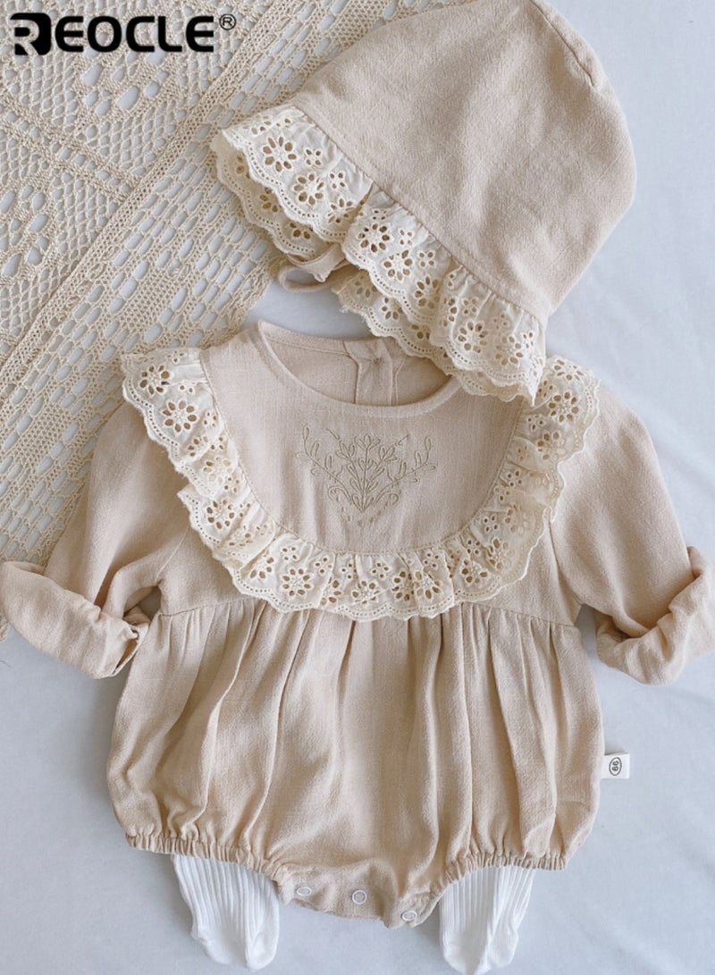REOCLE Baby's Lace Bodysuit with Matching Bonnet and Delicate Detail Infant formal Set with Soft Fabric for Newborn Autumn Celebration - Image 1