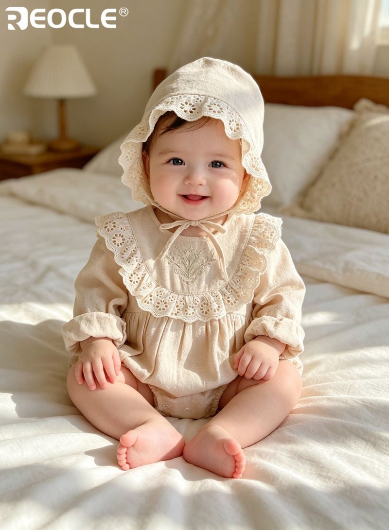 REOCLE Baby's Lace Bodysuit with Matching Bonnet and Delicate Detail Infant formal Set with Soft Fabric for Newborn Autumn Celebration - Image 2