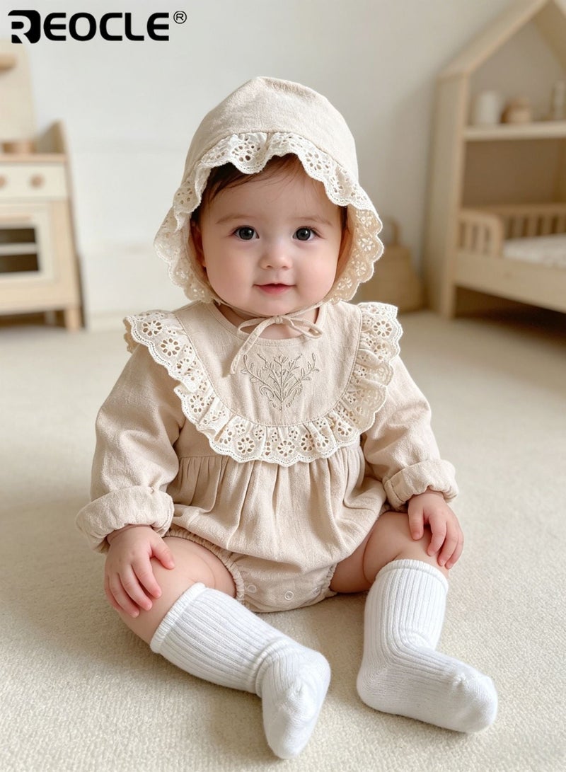 REOCLE Baby's Lace Bodysuit with Matching Bonnet and Delicate Detail Infant formal Set with Soft Fabric for Newborn Autumn Celebration - Image 3