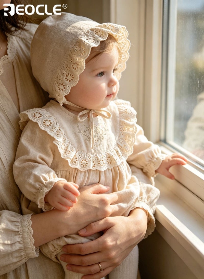 REOCLE Baby's Lace Bodysuit with Matching Bonnet and Delicate Detail Infant formal Set with Soft Fabric for Newborn Autumn Celebration - Image 1