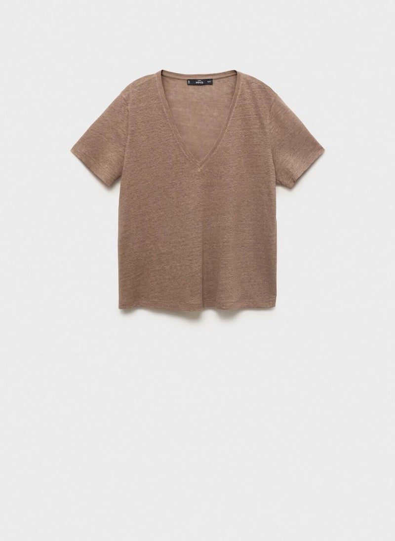 MANGO V-Neck Linen T-Shirt  - Image 5