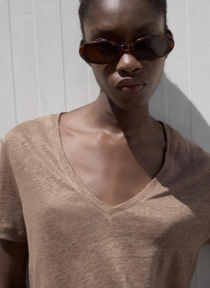 MANGO V-Neck Linen T-Shirt