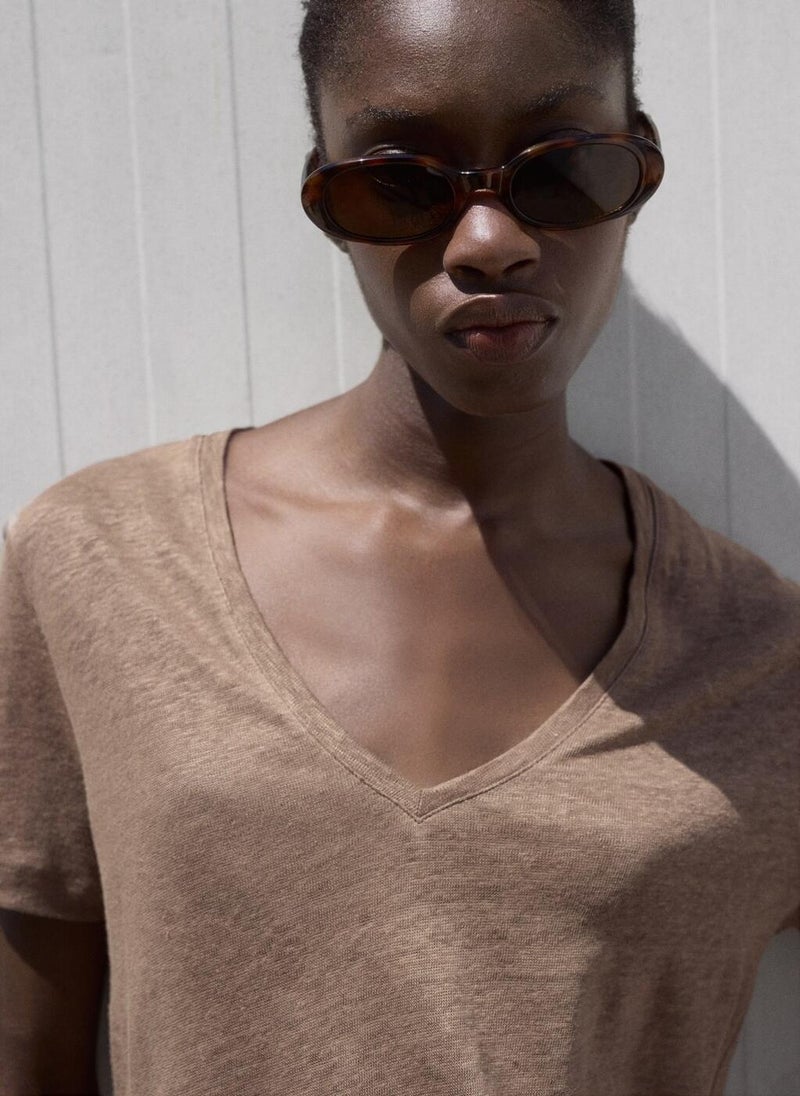 MANGO V-Neck Linen T-Shirt  - Image 3