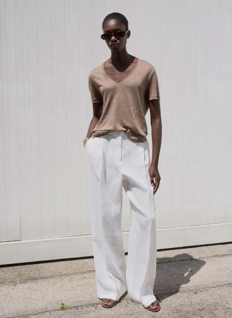MANGO V-Neck Linen T-Shirt