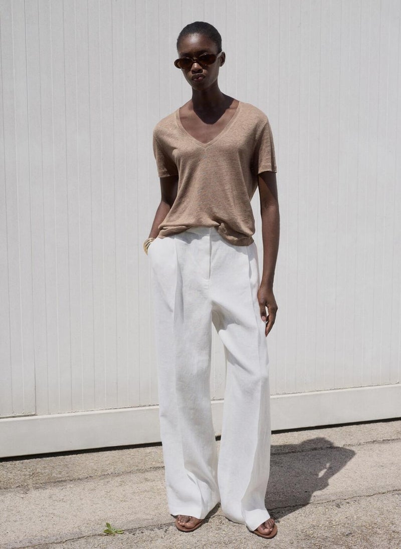 MANGO V-Neck Linen T-Shirt  - Image 4