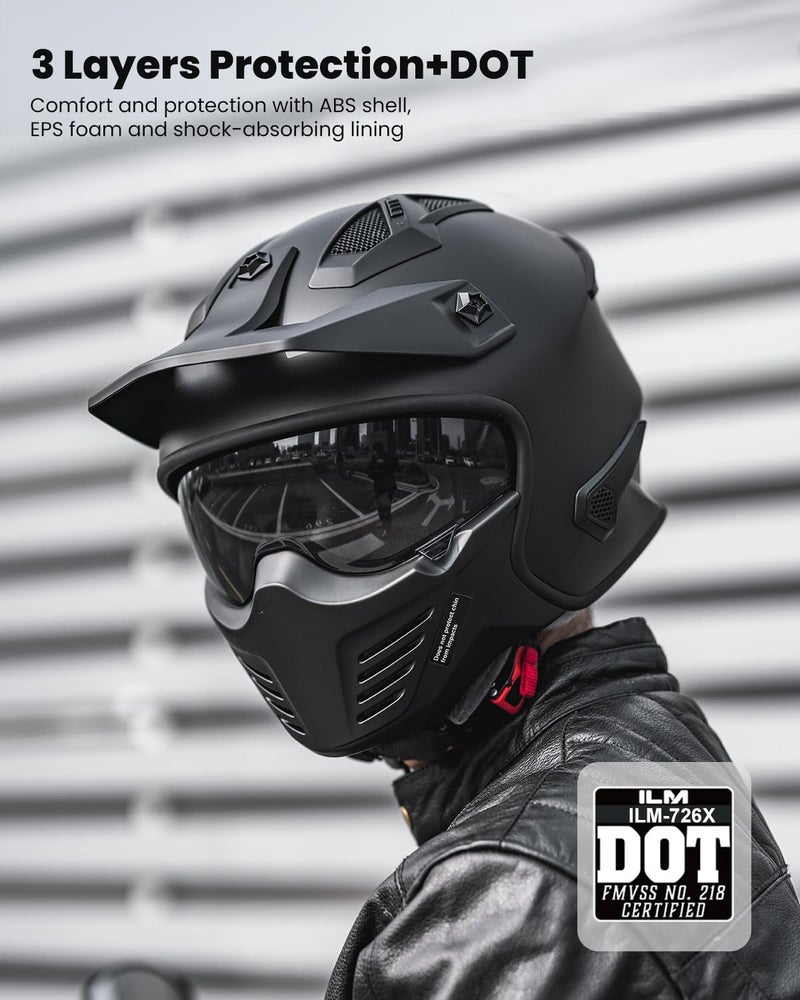 ILM Open Face Motorcycle 3/4 Half Helmet for Dirt Bike Moped ATV UTV Motocross Cruiser Scooter DOT Model 726X (Matte Black,S - Image 4