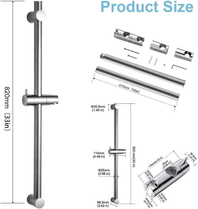 Offo Shower Slide Bar 33 in Segmental Slide Bar Adjustable Installation Distance 20-32 in with 360° Adjustable Handheld Shower Head Holder for Bathroom, Screw Wall Mounted, Chrome Finish - Image 3