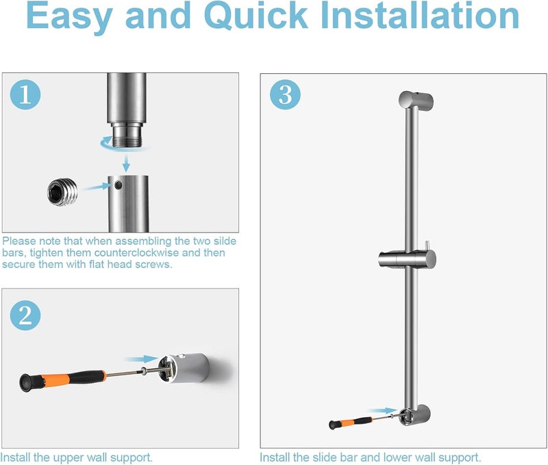 Offo Shower Slide Bar 33 in Segmental Slide Bar Adjustable Installation Distance 20-32 in with 360° Adjustable Handheld Shower Head Holder for Bathroom, Screw Wall Mounted, Chrome Finish - Image 4
