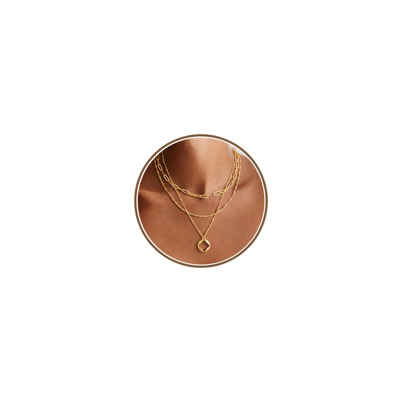 M MOOHAM Layered Gold Necklaces for Women, 14K Gold-Plated Dainty Stackable Pendant Necklace Set, Layering Paperclip Singapore Chain Circle Pendant Necklace Trendy Women's Jewelry Gifts Set - Image 1