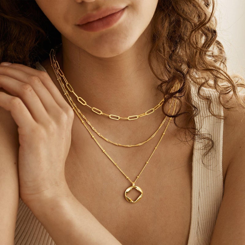 M MOOHAM Layered Gold Necklaces for Women, 14K Gold-Plated Dainty Stackable Pendant Necklace Set, Layering Paperclip Singapore Chain Circle Pendant Necklace Trendy Women's Jewelry Gifts Set - Image 2