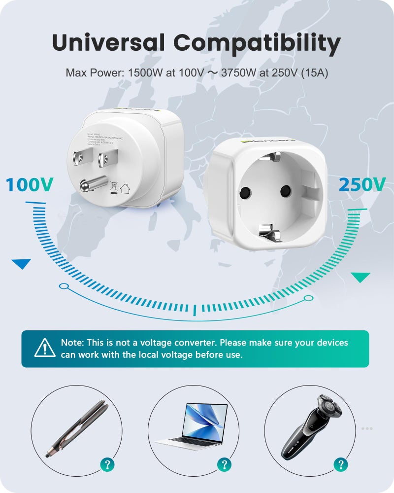 LENCENT 2 Pack Europe to US Plug Adapter,European to USA Adapter, American Outlet Plug Adapter, EU to US Adapter, Europe to USA Travel Plug Converter - Image 3