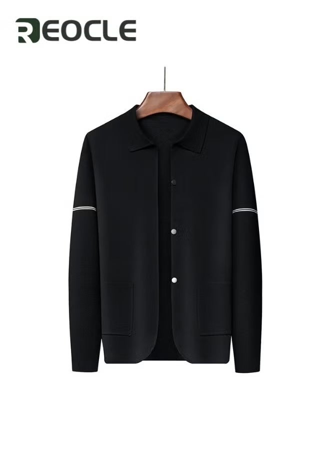 REOCLE Men's Cotton Cardigan Sweater Lapel Cardigan Sweater Button Down Closure Knitwear Casual Open Front Long Sleeve Cardigan Sweater - Image 4