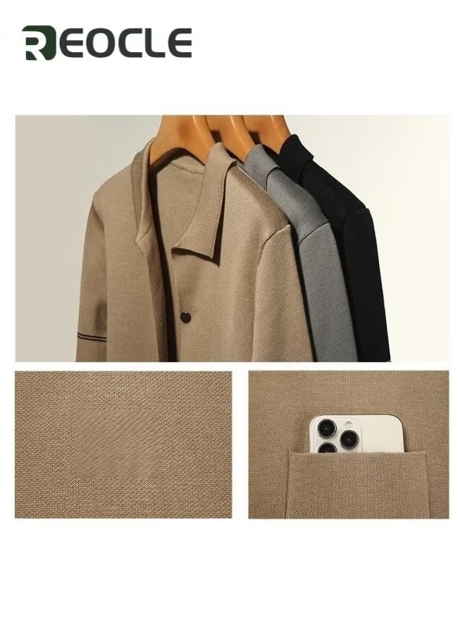 REOCLE Men's Cotton Cardigan Sweater Lapel Cardigan Sweater Button Down Closure Knitwear Casual Open Front Long Sleeve Cardigan Sweater - Image 5