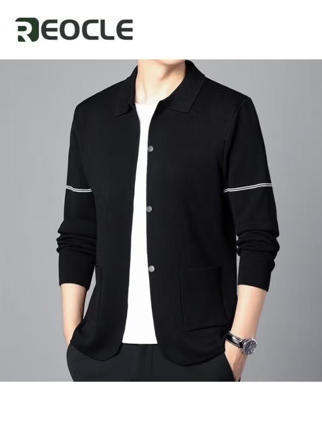 REOCLE Men's Cotton Cardigan Sweater Lapel Cardigan Sweater Button Down Closure Knitwear Casual Open Front Long Sleeve Cardigan Sweater - Image 3