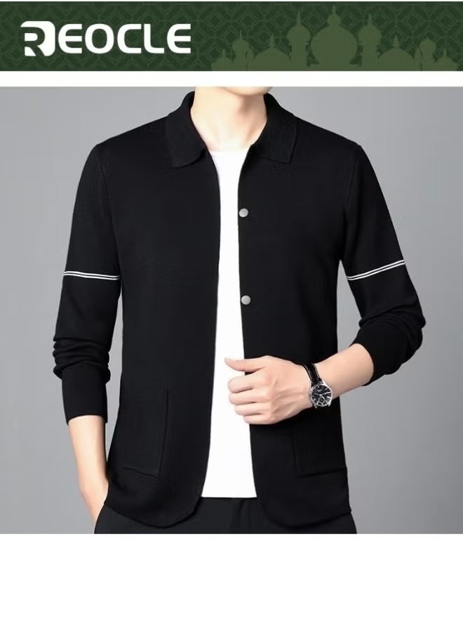 REOCLE Men's Cotton Cardigan Sweater Lapel Cardigan Sweater Button Down Closure Knitwear Casual Open Front Long Sleeve Cardigan Sweater - Image 1