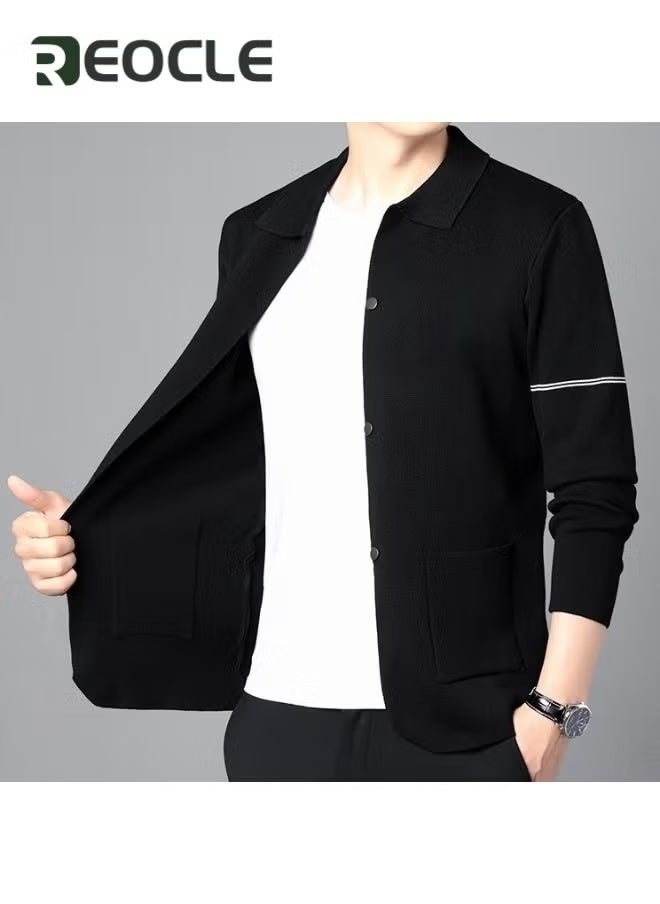 REOCLE Men's Cotton Cardigan Sweater Lapel Cardigan Sweater Button Down Closure Knitwear Casual Open Front Long Sleeve Cardigan Sweater - Image 2