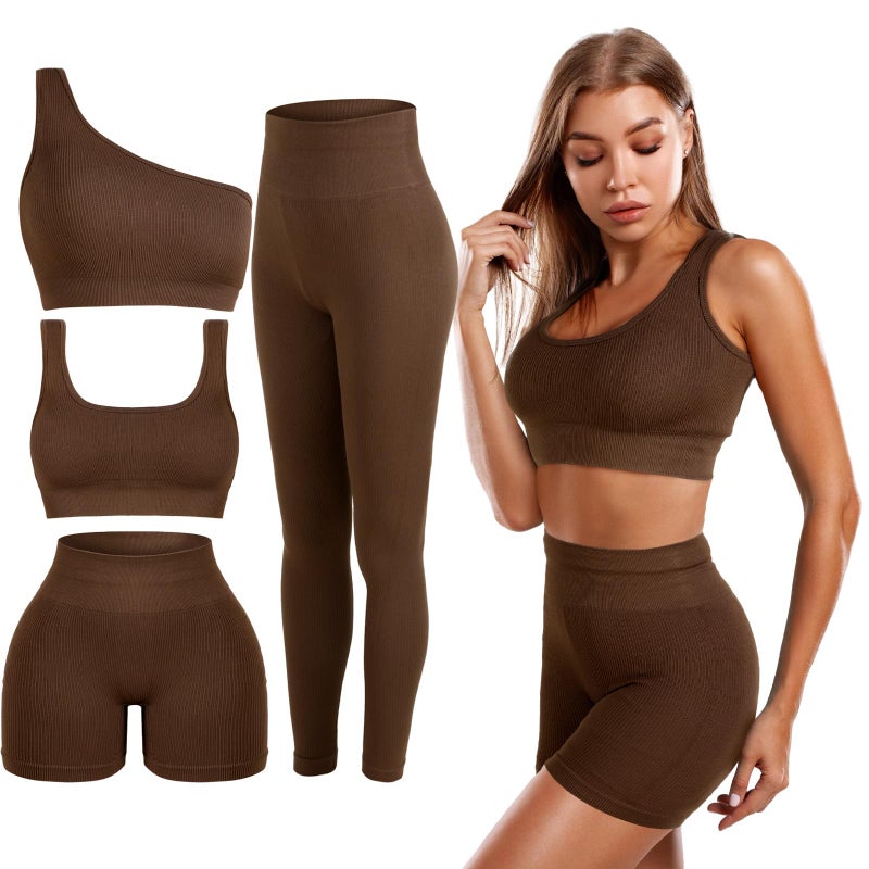 Floraltop 4 Pcs Womens Workout Sets Pilates Exercise Outfit Ribbed Scoop Neck Sports Bra Shorts Leggings Gym Clothes Set CoffeeLarge - Image 2