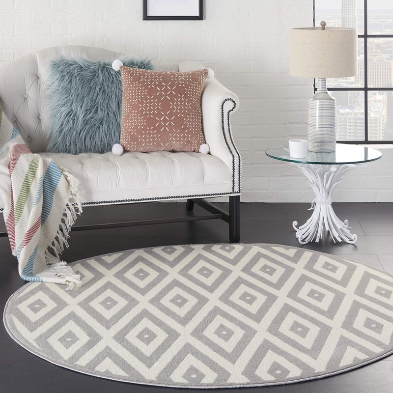 Nourison Home Grafix Geometric WhiteGrey 53 x Round Area Rug Easy Cleaning Non Shedding Bed Room Living Room Dining Room Kitchen 5 Round