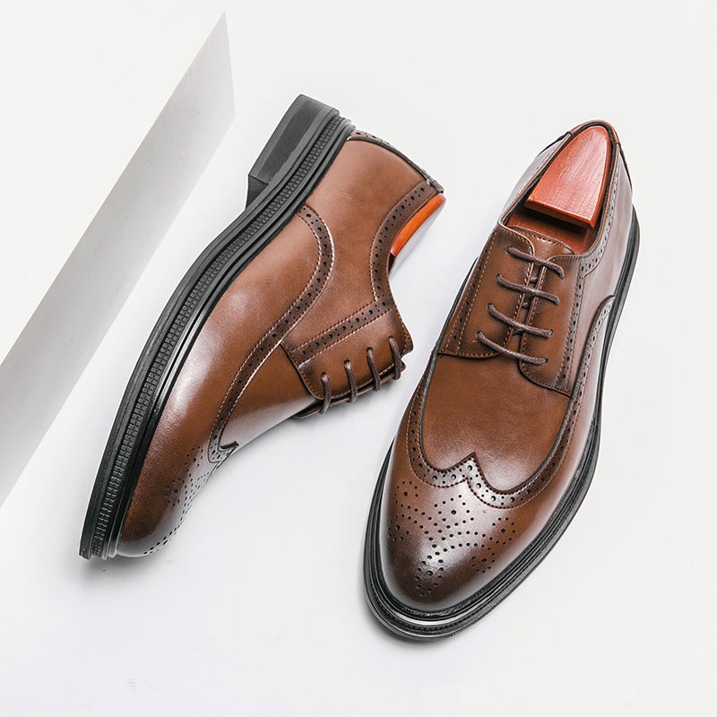 Summer Brown Leather Shoes Men'S Brock Business Wear Derby Shoes Heightened Casual British Soft Bottom Wedding Groom Shoes - Image 1