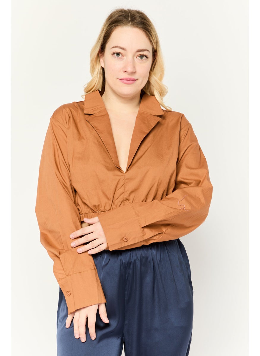 PUBLIC DESIRE Women Notched Collar Long Sleeve Solid Croppe Blouse, Light Brown  - Image 1