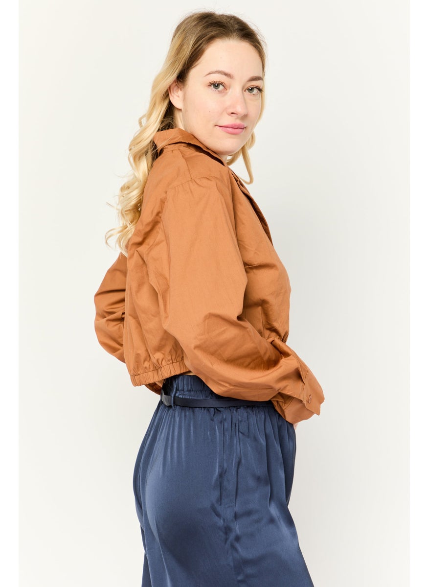 PUBLIC DESIRE Women Notched Collar Long Sleeve Solid Croppe Blouse, Light Brown  - Image 3