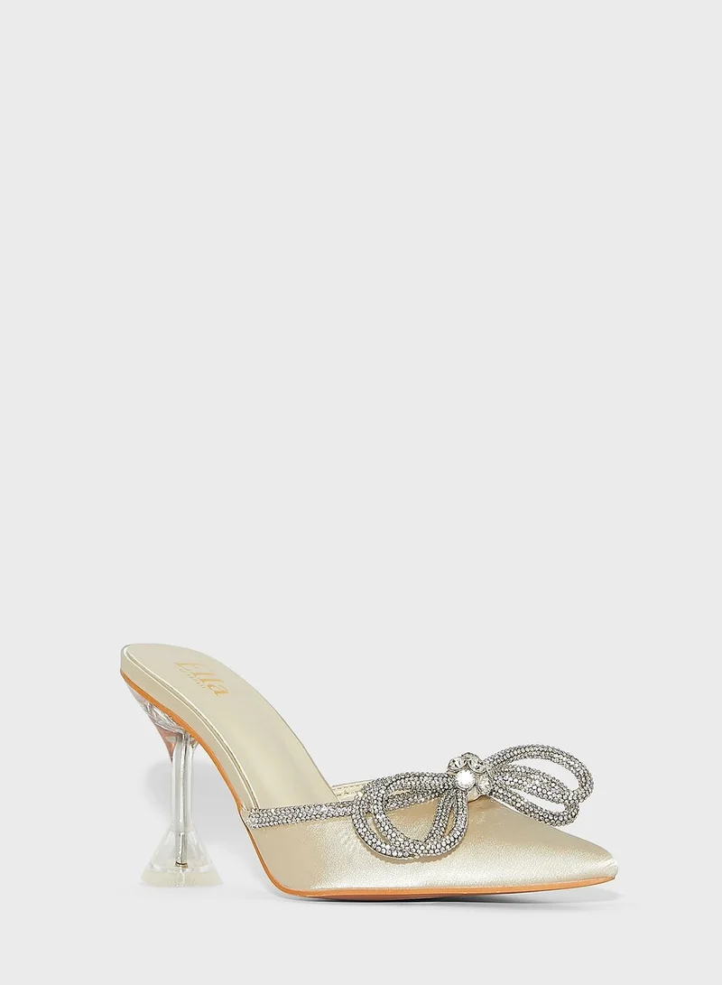 Ella Limited Edition Satin Diamante Bow Flared Heel Pump Ivory