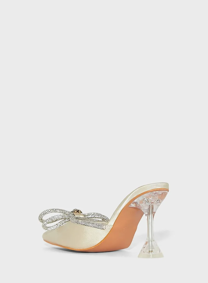 Ella Limited Edition Satin Diamante Bow Flared Heel Pump Ivory
