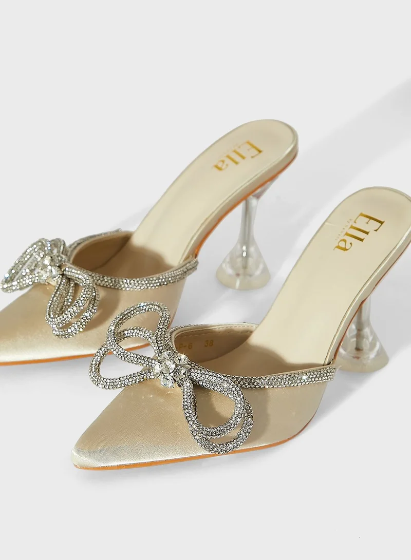 Ella Limited Edition Satin Diamante Bow Flared Heel Pump Ivory