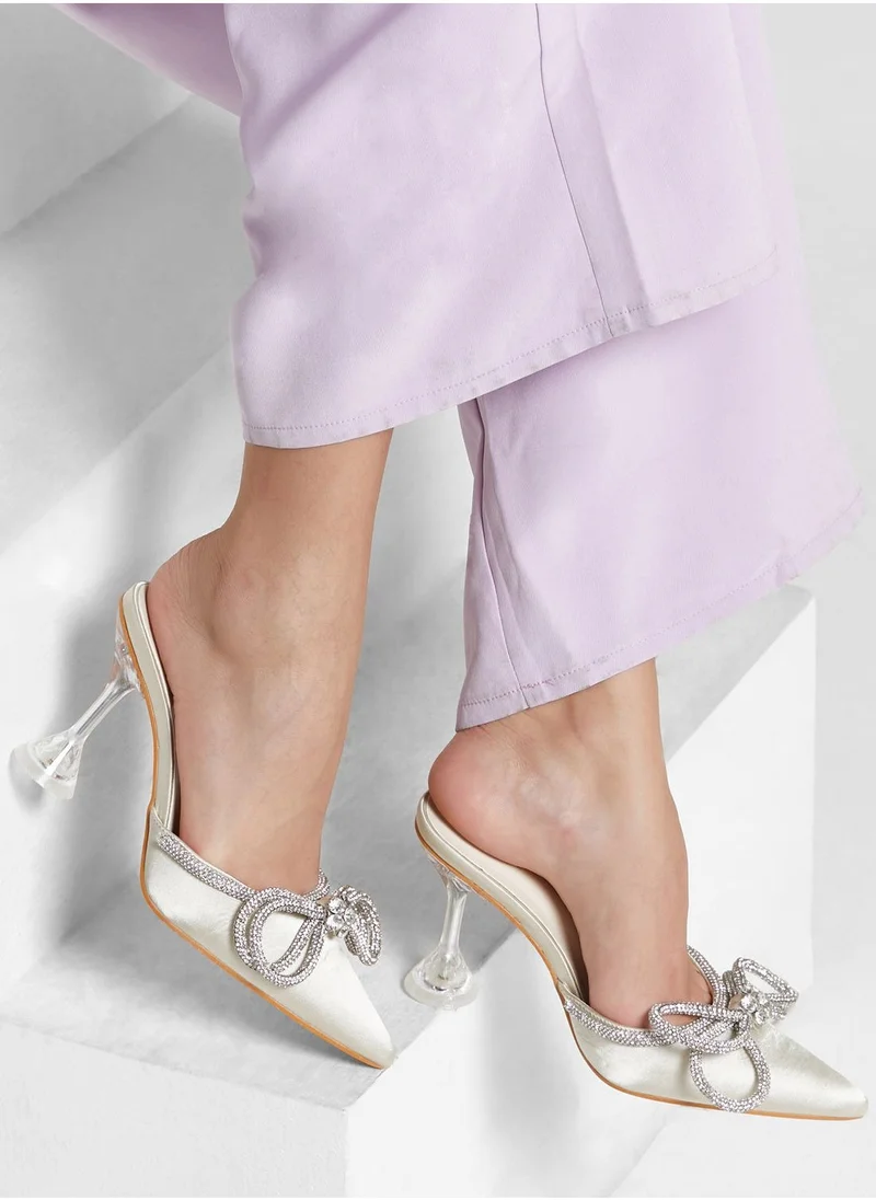 Ella Limited Edition Satin Diamante Bow Flared Heel Pump Ivory