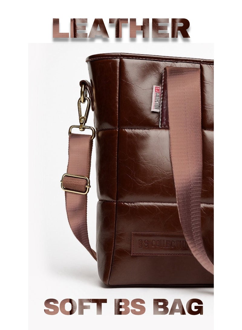 B.S COLLECTION Soft Leather B.S bag tote bag and shoulder bag for girls - Brown - Image 3