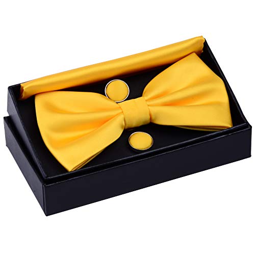 GUSLESON Solid Color Wedding Bowtie Mens Pre-tied Yellow Bow Tie and Pocket Square Cufflink Set (0570-03) - Image 2