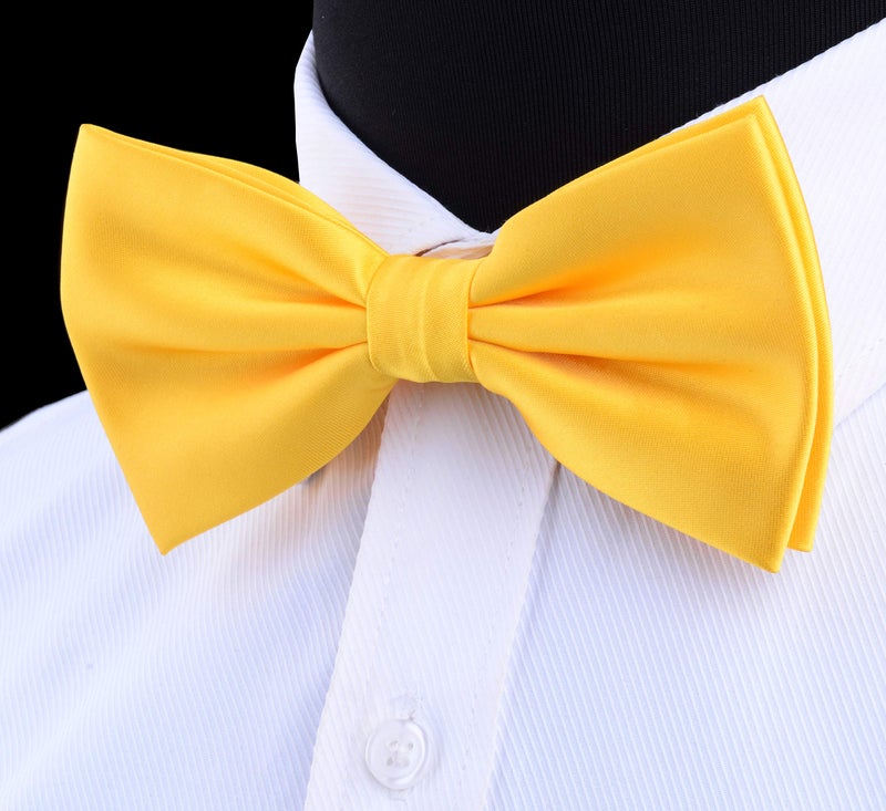GUSLESON Solid Color Wedding Bowtie Mens Pre-tied Yellow Bow Tie and Pocket Square Cufflink Set (0570-03) - Image 3