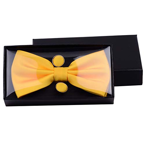 GUSLESON Solid Color Wedding Bowtie Mens Pre-tied Yellow Bow Tie and Pocket Square Cufflink Set (0570-03) - Image 4