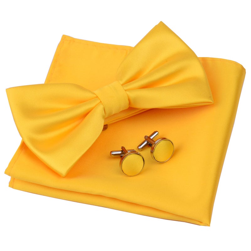 GUSLESON Solid Color Wedding Bowtie Mens Pre-tied Yellow Bow Tie and Pocket Square Cufflink Set (0570-03) - Image 5