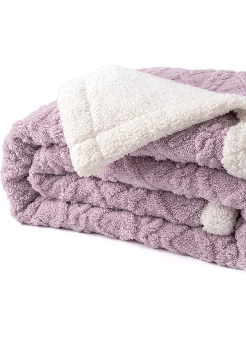 Fabienne Jacquard Sherpa Blanket Super King Size Faux Fur Bed Blanket 220x240cm Flannel Fleece Reversible Blanket Double Size Warm and Plush Throw Blanket Lilac  - Image 1