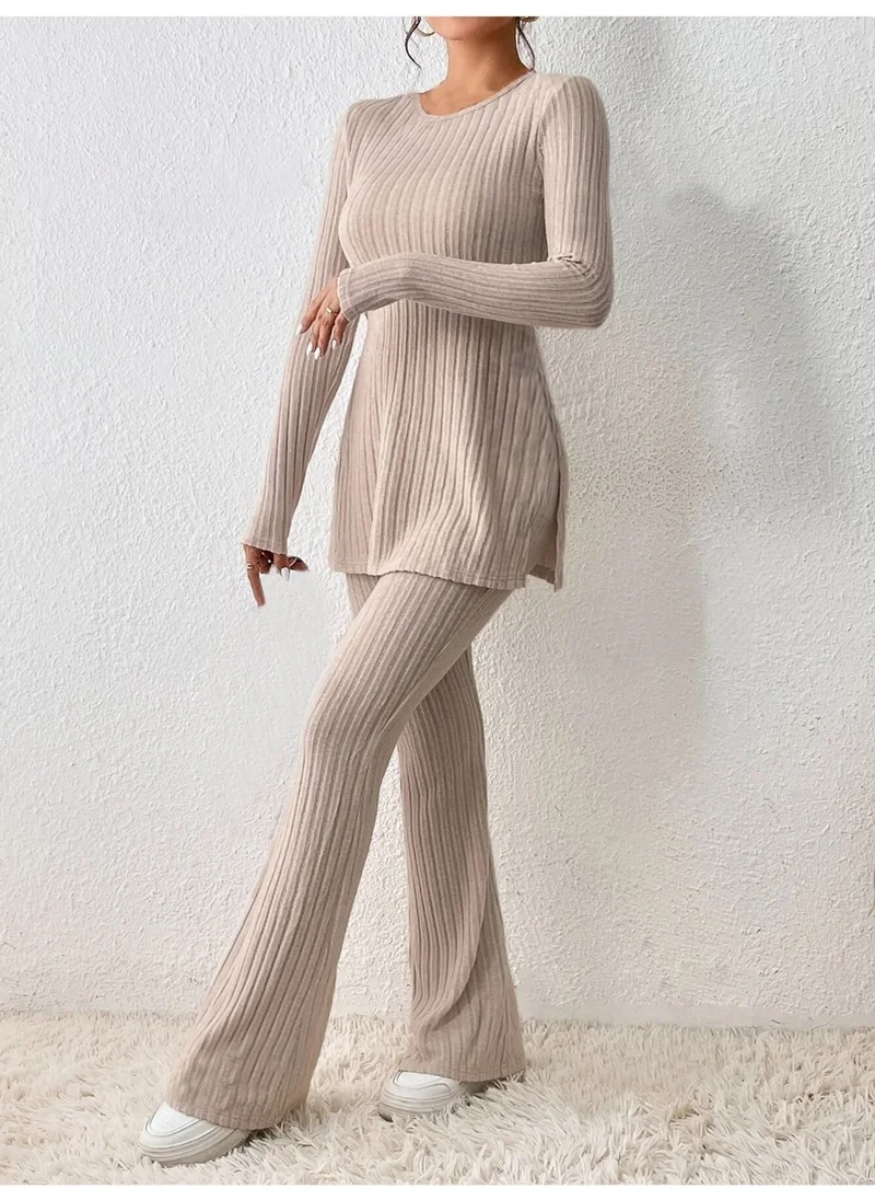 Bella Notte Cotton Ribbed Slit Detailed Long Pajama Set