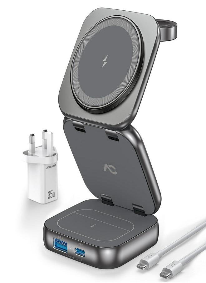 AC ISLAND - Island 5 in 1 Wireless Charging Station, Foldable Mag-Safe Charger Stand, Travel Wireless Charger for iPhone 16/15/14/13/12 Series, Apple Watch S1-9/Ultra 2, for Airpods 3/2/Pro (Grey) - Image 1