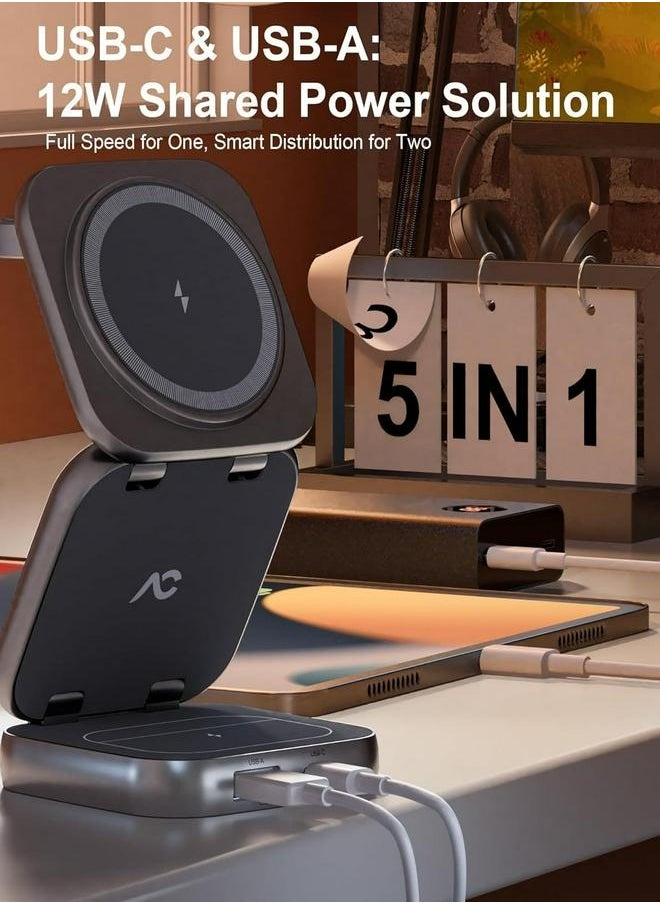 AC ISLAND - Island 5 in 1 Wireless Charging Station, Foldable Mag-Safe Charger Stand, Travel Wireless Charger for iPhone 16/15/14/13/12 Series, Apple Watch S1-9/Ultra 2, for Airpods 3/2/Pro (Grey) - Image 1