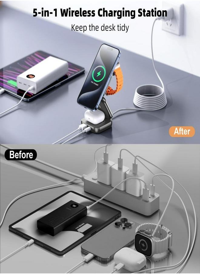 AC ISLAND - Island 5 in 1 Wireless Charging Station, Foldable Mag-Safe Charger Stand, Travel Wireless Charger for iPhone 16/15/14/13/12 Series, Apple Watch S1-9/Ultra 2, for Airpods 3/2/Pro (Grey) - Image 1
