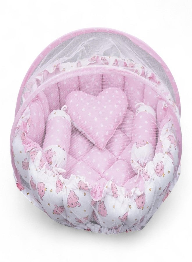 VOIDROP Baby Round Bed with Mosquito Net - Soft Plush Newborn Infant Crib Nest - Portable Baby Bassinet for Sleeping & Playing - Blue Elephant Pattern Cushion & Star Pillow (Pink) - Image 1