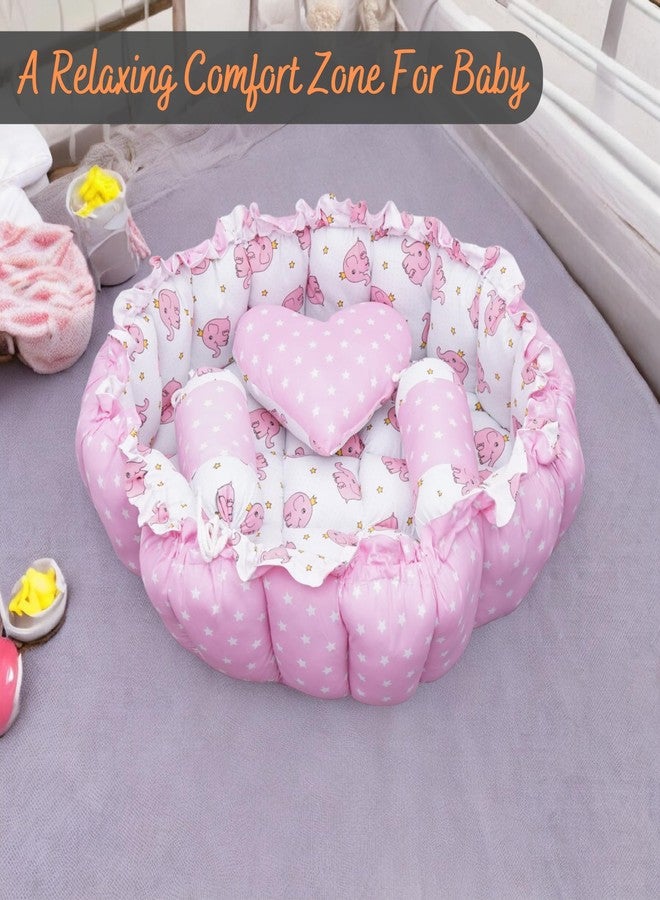 VOIDROP Baby Round Bed with Mosquito Net - Soft Plush Newborn Infant Crib Nest - Portable Baby Bassinet for Sleeping & Playing - Blue Elephant Pattern Cushion & Star Pillow (Pink) - Image 4