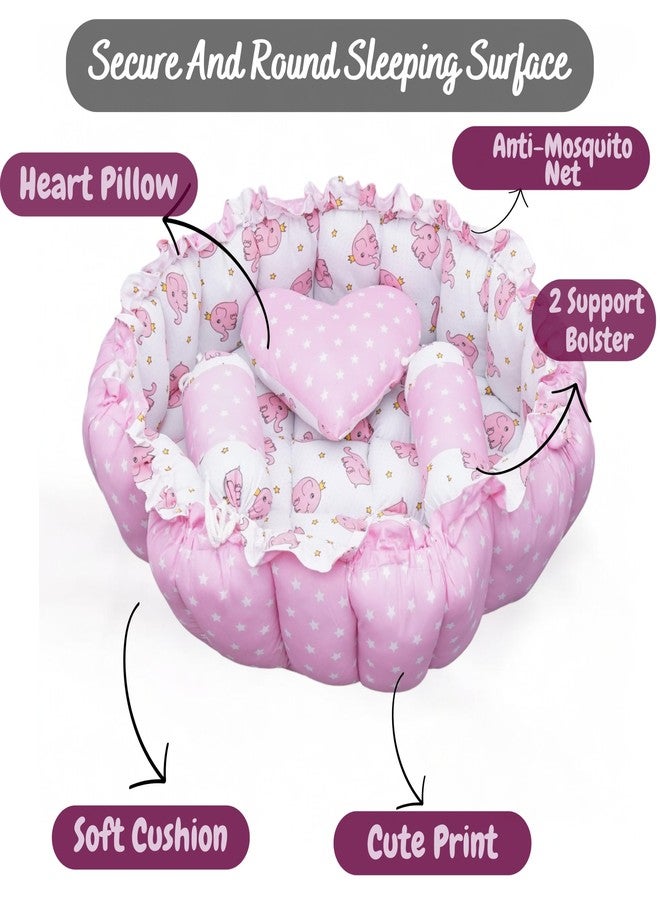 VOIDROP Baby Round Bed with Mosquito Net - Soft Plush Newborn Infant Crib Nest - Portable Baby Bassinet for Sleeping & Playing - Blue Elephant Pattern Cushion & Star Pillow (Pink) - Image 3