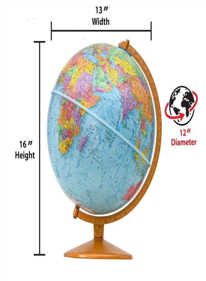 Replogle Explorer- Easy to Assemble 12" diameter, USA Cartography, Raised Mountains, Metal Base, Classic Educational Globe from Replogle. Perfect for students of all ages. Over 4000 place names and political boundaries. Includes sturdy diecast numbered semi-meridian. For a simple yet stunning look, choose the Explorer 12-inch Blue Ocean Raised Relief Desktop World by Replogle. The 16 inch height complements any computer desk, conference room table or bookshelf. This item is very easy to assemble and comes with detailed instructions. In minutes you will have this globe assembled and ready for use. (Ready To Assemble) - Image 4