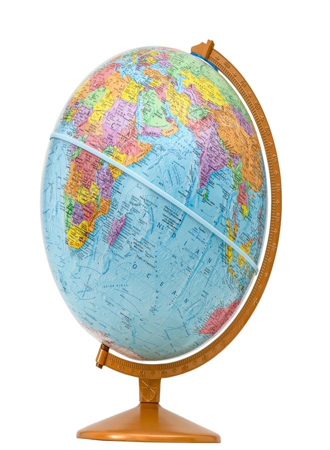 Replogle Explorer- Easy to Assemble 12" diameter, USA Cartography, Raised Mountains, Metal Base, Classic Educational Globe from Replogle. Perfect for students of all ages. Over 4000 place names and political boundaries. Includes sturdy diecast numbered semi-meridian. For a simple yet stunning look, choose the Explorer 12-inch Blue Ocean Raised Relief Desktop World by Replogle. The 16 inch height complements any computer desk, conference room table or bookshelf. This item is very easy to assemble and comes with detailed instructions. In minutes you will have this globe assembled and ready for use. (Ready To Assemble) - Image 1